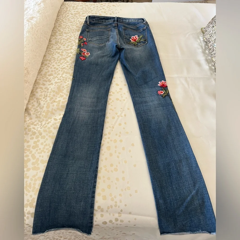 DRIFTWOOD Blue Boot Cut Jeans with Pink Floral Embroidery - Picture 6 of 11